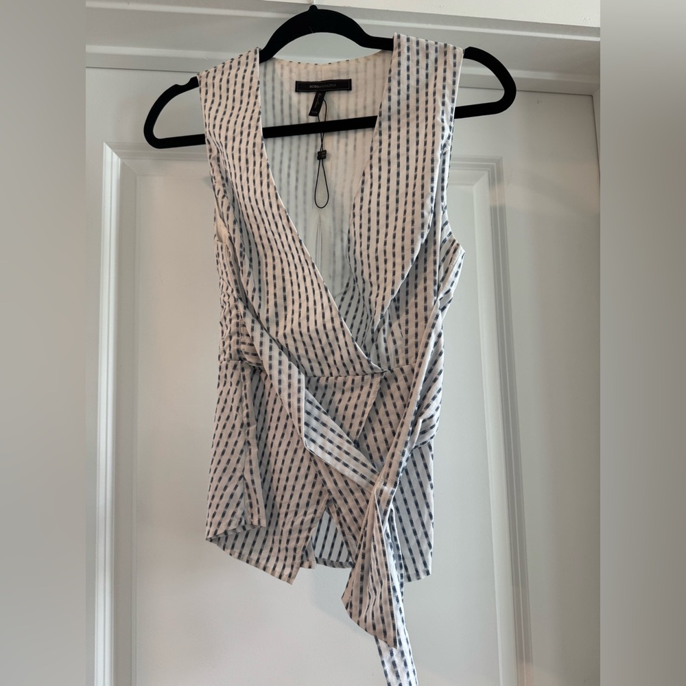 BCBGMaxAzria Black and White Sleeveless Wrap Blouse